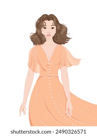 Portrait of a beautiful young woman on white background. Attractive girl in a peach colored dress. Brunette with short haircut. Avatar for social media. Bright vector illustration in flat style.