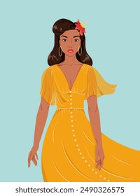 Portrait of a beautiful young woman on turquoise background. Attractive girl in a yellow dress. Brunette with retro hairdo. Avatar for social media. Bright vector illustration in flat style.