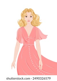 Portrait of a beautiful young woman on white background. Attractive girl in a pink dress. Blonde with short haircut. Avatar for social media. Trendy vector illustration in flat style.