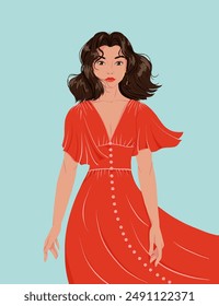 Portrait of a beautiful young woman on blue background. Attractive girl in a red dress. Brunette with short haircut. Avatar for social media. Bright vector illustration in flat style.