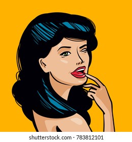 Portrait of beautiful young woman. Pin-up concept. Vintage pop art comics, cartoon vector illustration