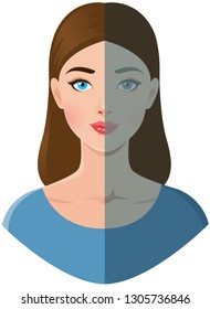 Portrait of a beautiful young woman with shiny and faded tired  skin vector illustration. Woman before and after cosmetic SPA procedures. Stock vector illustration.