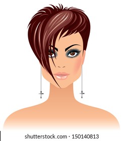 Portrait of beautiful young woman with short dark hair and brown eyes. Vector illustration.