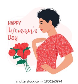 Portrait of beautiful young woman, side view. Happy Women’s Day greeting postcard or banner. Vector illustration, isolated on a white background.