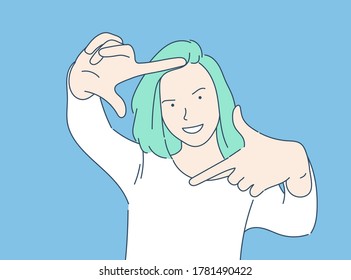Portrait of a beautiful young woman smiling making a camera frame. Hand drawn style vector design illustrations.