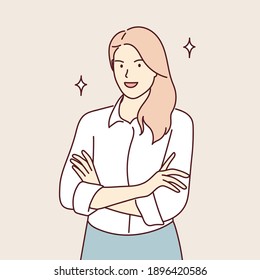 Portrait of a beautiful young woman. Smiling business woman with crossed arms staring at the camera. Hand drawn style vector design illustrations.