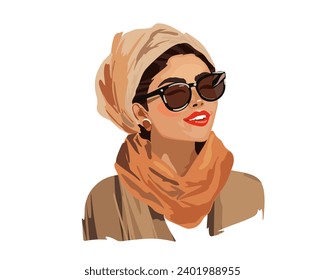 Portrait of a beautiful young woman in sunglasses with a scarf on her head