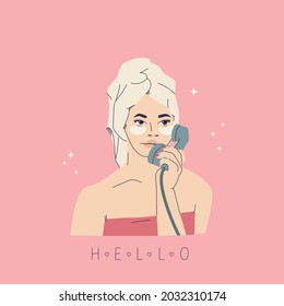 Portrait of beautiful young woman with towel on her head, she talking on phone. Fashion hand drawing vector illustration. Retro style.