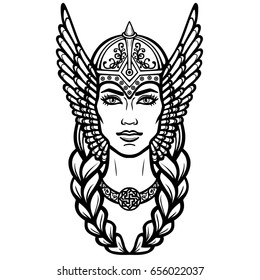 Portrait of the beautiful young woman Valkyrie. Pagan goddess, mythical character. Linear black the white drawing. Vector illustration isolated on a white background.