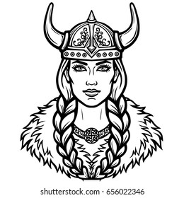 Portrait of the beautiful young woman Valkyrie. Pagan goddess, mythical character. Linear black the white drawing. Vector illustration isolated on a white background.
