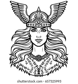 Portrait of the beautiful young woman Valkyrie in a winged helmet. Pagan goddess, mythical character. Linear black the white drawing. Vector illustration isolated on a white background.