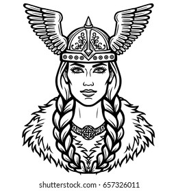 Portrait of the beautiful young woman Valkyrie in a winged helmet. Pagan goddess, mythical character. Linear black the white drawing. Vector illustration isolated on a white background.