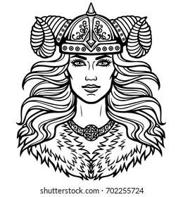 Portrait of the beautiful young woman Valkyrie in a  horned helmet. Pagan goddess, mythical character. Vector illustration isolated on a white background. Print, poster, t-shirt, card. 