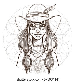Portrait of a beautiful young woman in a wide-brimmed hat and sunglasses. Fashionable girl on the cover of a magazine or cosmetic advertising. Outline illustration for coloring.
