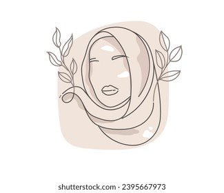 Portrait of a  beauty  girl model wearing hijab. Vector illustration in a modern minimalist style. Elegant outline drawing, fashion sketch.