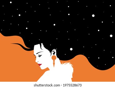 Portrait of beauty woman with night sky and stars in her hair. Vector Illustration. Stylish fashion design. Conceptual beauty natural design background or banner.