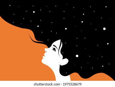 Portrait of beauty woman with night sky and stars in her hair. Vector Illustration. Stylish fashion design. Conceptual beauty natural design background or banner.