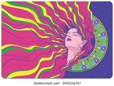 Portrait of Beauty Woman Psychedelic Art Style, Long Curvy Hair, Psychedelic Color Combination