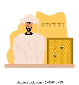 Portrait of a beekeeper and honeycombs with bees, collecting honey, smiling beekeeper, vector illustration for advertising