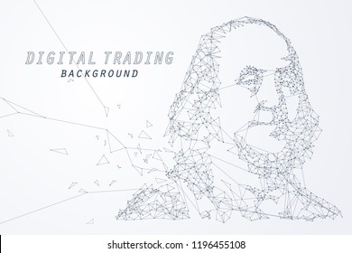 The portrait of Benjamin Franklin by edge and wire frame, digital currency and internet trading concept, vector art and illustration.