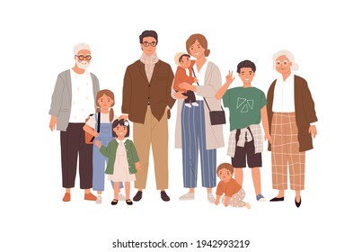 Portrait of big happy family with children, mother, father, grandfather and grandmother isolated on white background. Parents, grandparents and grandchildren. Colored flat vector illustration