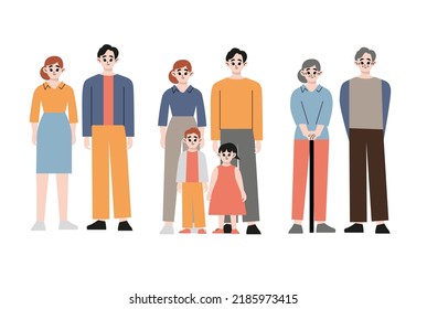Portrait of big happy family with children, mother, father, grandfather and grandmother isolated on white background. Parents, grandparents and grandchildren. Colored flat vector illustration