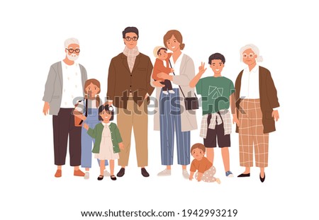 Portrait of big happy family with children, mother, father, grandfather and grandmother isolated on white background. Parents, grandparents and grandchildren. Colored flat vector illustration