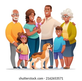 Porträt einer großen glücklichen Familie mit Vater, Mutter, Großvater, Großmutter, Kindern und einem Haustier. Familiencharakter im Cartoon-Stil