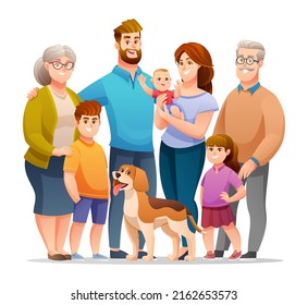 Portrait of big happy family with father, mother, grandfather, grandmother, children and a pet. Family illustration in cartoon style