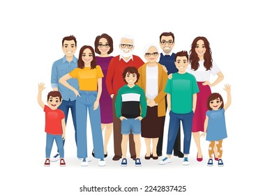 Portrait of big happy family with grandparents and children vector illustration isolated. Mother, father, daughter, son, grandfather, grandmother standing together.