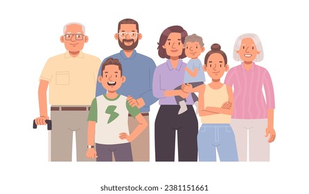 Portrait of a big happy family on a white background. Grandparents, mom and dad and children. Vector illustration in flat style