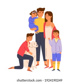 Portrait of big happy family standing together. Young smiling parents, children, baby and dog. Couple with kids and pet. Colored flat cartoon vector illustration isolated on white background