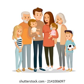 Portrait of big happy multi-generational family, siblings, relatives. Vector people. Seniors, mother and father with babies, children grandchildrens and grandparents. Grandma, grandpa, mom, dad.