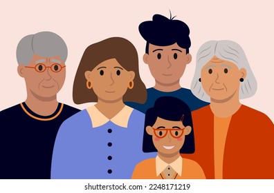 Portrait Of Big Happy Multigenerational Family Vector Illustration In Flat Style