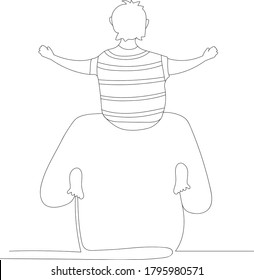 A portrait of a big man and his little son. The boy sits on his father's shoulders with his hands spread out. Happy father's day. Line art drawing