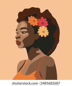 Portrait of a black afro african black woman girl. Side pose. Hairstyle with flowers in hair. Poster card for Women's Day. Vector flat bright illustration on a gentle pastel background