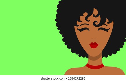 Portrait of a black beautiful girl with an afro hairstyle, closed eyes and a red choker, green background, vector graphics, vector illustration