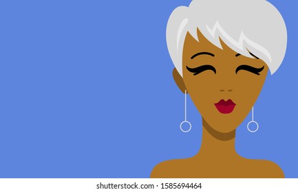 Portrait of a black beautiful woman with short platinum blonde hair, closed eyes and long earrings, blue background vector graphics, vector illustration