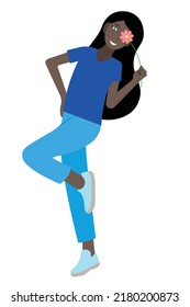 Portrait of a black cartoon cute girl who stands on one leg and covers one eye with a flower, isolate on white, flat vector