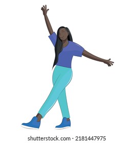 Portrait of a black cartoon cute girl who stands on one leg with her hands raised up, flat vector, isolate on a white background