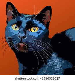 Retrato de un gato negro. Hermoso gato negro. Ilustración vectorial.	