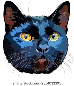 Portrait of a black cat. A beautiful black cat with yellow eyes. Vector illustration.