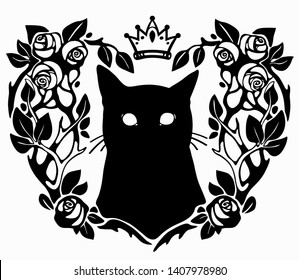 Portrait of a black cat in a flower frame