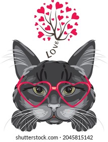 Portrait of a black cat wearing red glasses. Vector