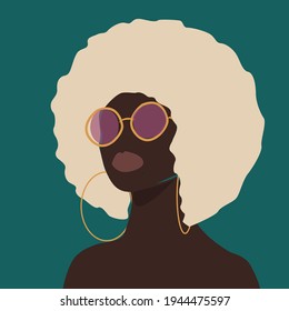 Portrait Of Black Curly Disco Woman On Turquoise Background