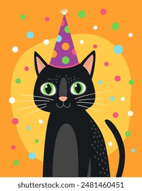 Portrait of a black cute cat in a festive cap. Black cat with green eyes. Orange background, multicolored confetti. Birthday card. Cute cartoon illustration.