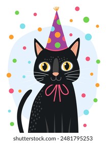 Portrait of a black cute cat in a festive cap. Cat with orange eyes. White background, multicolored confetti. Birthday card. Cute cartoon illustration.