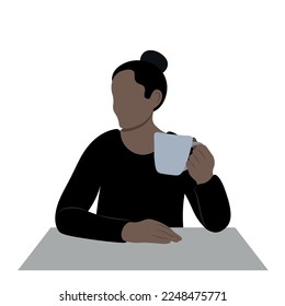 Portrait of a black girl in profile with a cup in her hand at the table, flat vector, isolate on white, faceless illustration