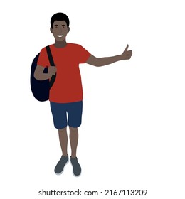 Portrait of a black guy with a backpack, hitchhiking, flat vector isolated on white background, traveler, road travel