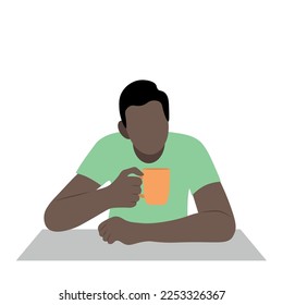 Portrait of a black guy with a cup in his hands at the table, flat vector, isolated on white, faceless illustration, tea break
